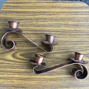 Vintage Copper Handmade & Signed Candle Holder Set